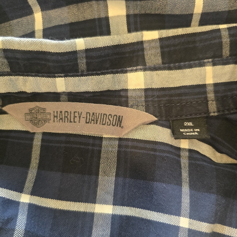 Harley Davidson Navy Multi-Patch Plaid Mechanic Short Sleeve Shirt Slim 2XL.D131 - Picture 6 of 13